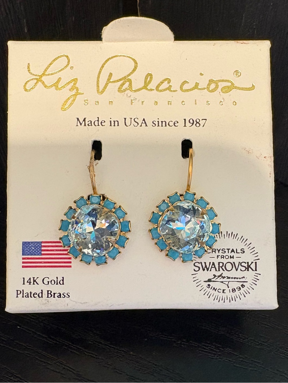 Liz Palacios San Francisco earrings rhinestone faux turquoise dangle 1”